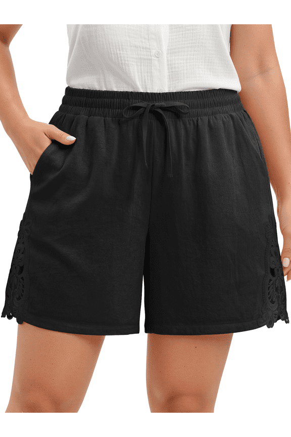 Plus Size Lace Shorts for Women Summer Drawstring Elastic Waist Short Pants with Pockets
