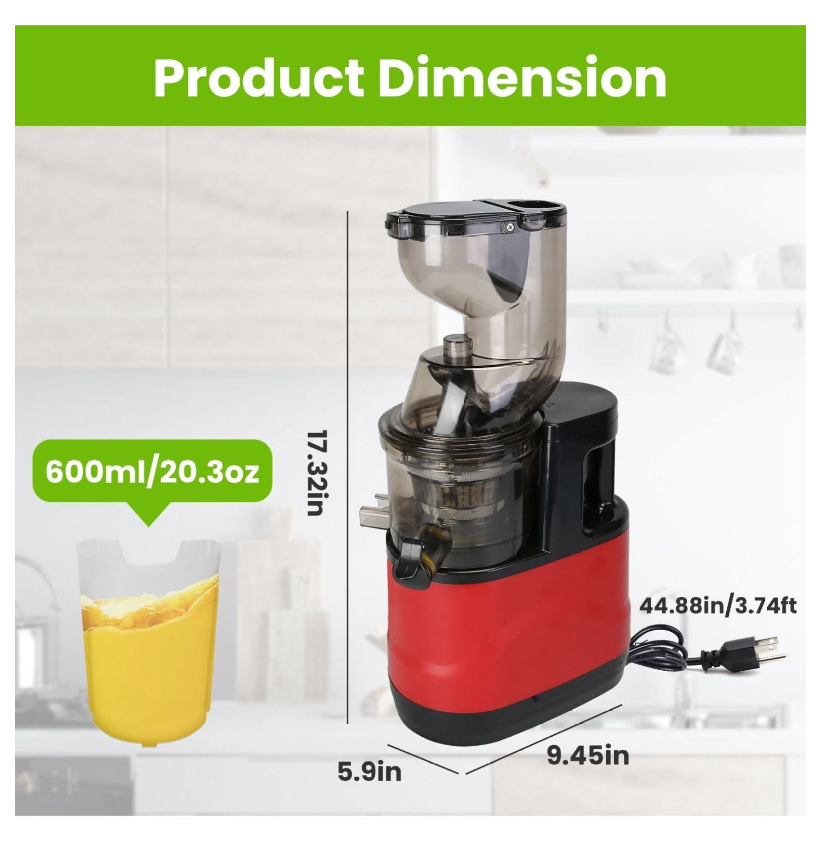 Cold Press Juicer Machine 300W Electric Slow Masticating Juicer for Whole Vegetable and Fruit with Reverse Function 2 Containers Cleaning Brush Clear Marks Easy Cleaning