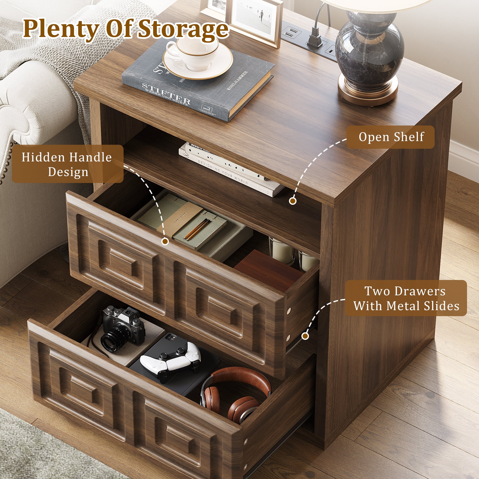 LainTene Farmhouse 2-Drawer Nightstand, Rustic Sofa Side Table with USB & AC Outlets for Bedroom, End Tables for Living Room, Brown
