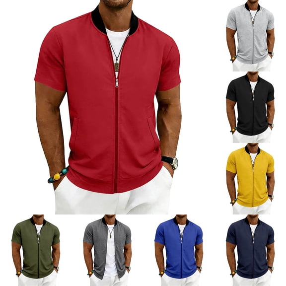 ZRGHAOYLQ Full Zip T Shirts for Men Short Sleeve Summer Lightweight Athletic Tshirts with Pockets Casual Fitness Workout Running Shirts