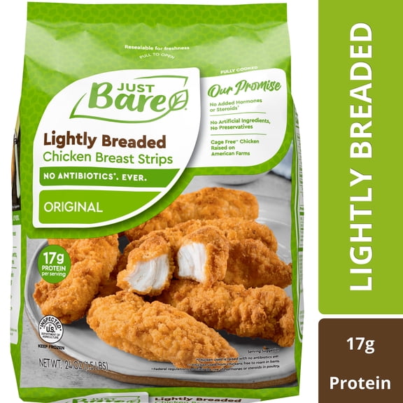 Just Bare Fully Cooked Lightly Breaded Chicken Breast Strips 1.5 lb, 17g of Protein, Serving Size 2 Pieces