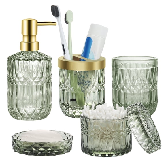 FOUNDLDF 5Pcs Glass Bathroom Accessory Complete Set，Bathroom Glass Accessories Set (Lotion Soap Dispenser, Soap Dish, Toothbrush Holder, Tumbler, Cotton Swab Jar) (Green)