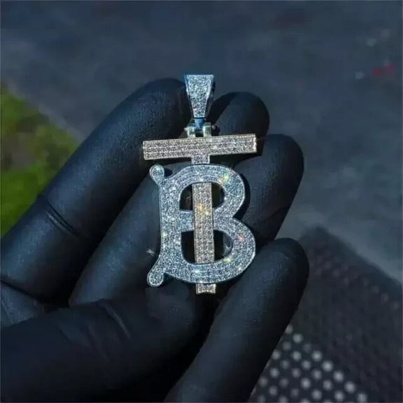 3Ct Round Cut Real Moissanite Custom "TB" Letter Men's Pendant 14K White Gold Plated, 925 Silver