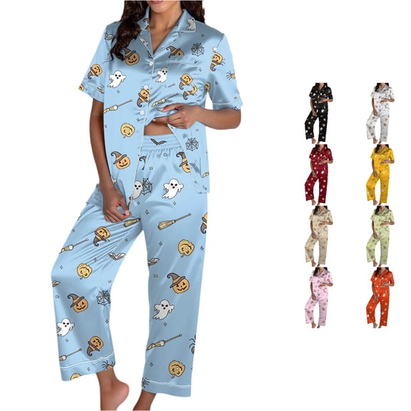 JAJAHO Women Halloween Pajamas Set 2 Piece Pjs Pumpkin Ghost Printed Short Sleeve Button Shirt With Pants Set