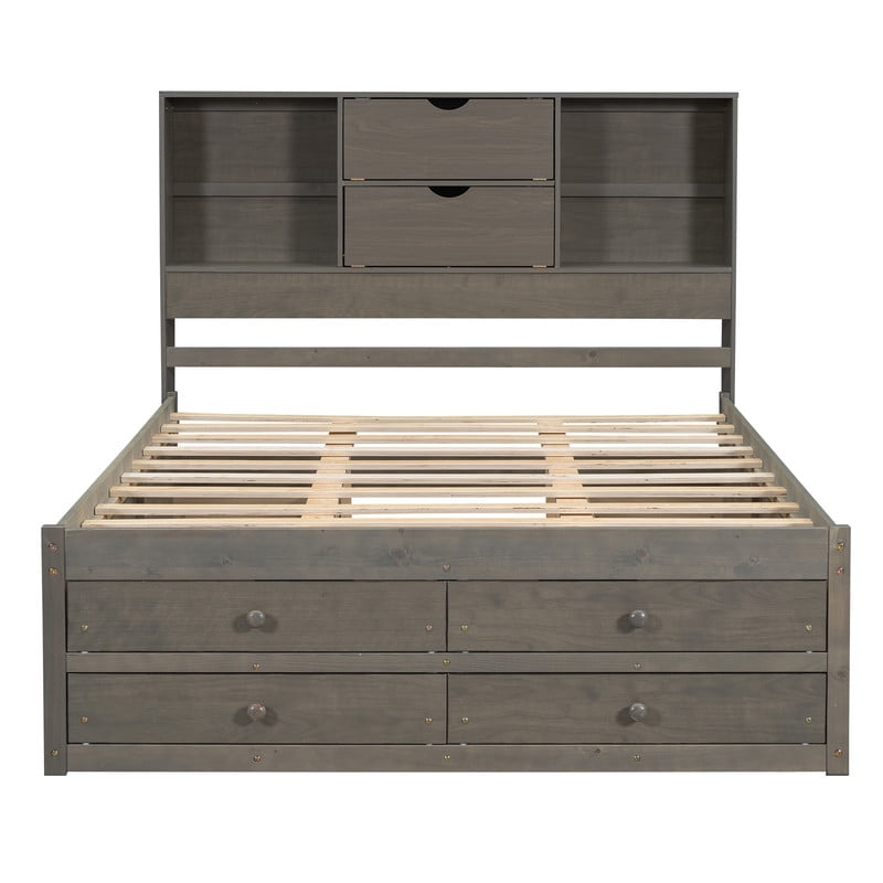Queen Size Platform Bed with Bookcase Headboard, Storage Wooden Bed Frame with 8 Drawers