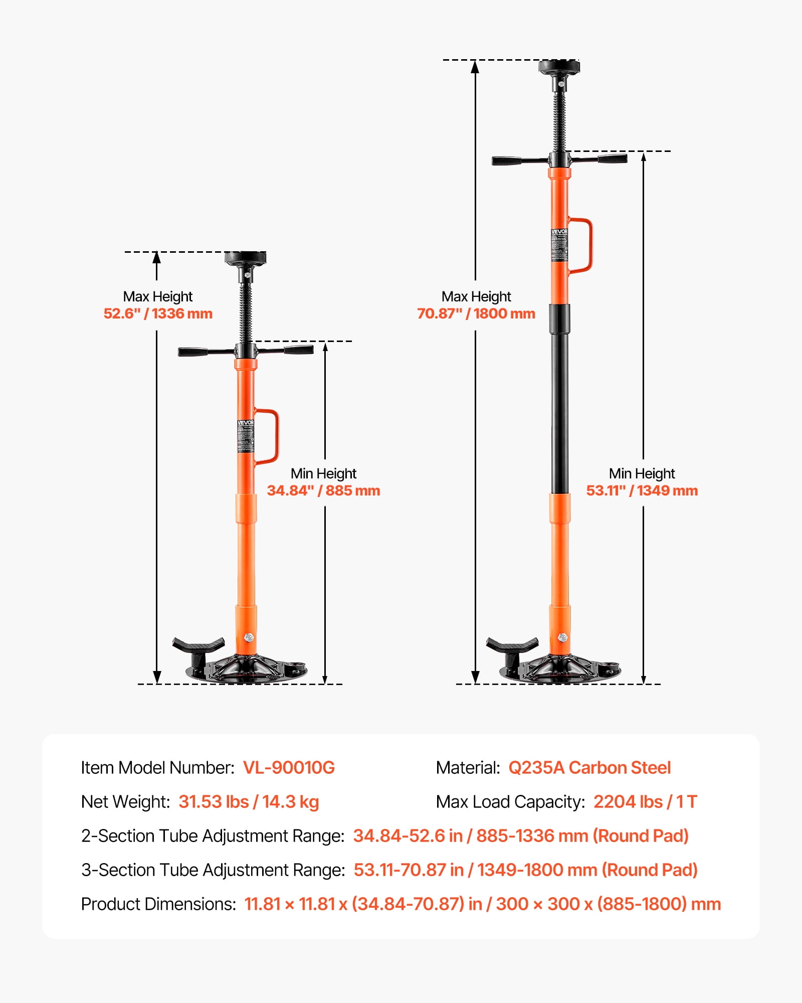 VEVOR Underhoist Support Stand, 1 Ton (2204 lbs) Capacity Under Hoist Jack Stand with Handle, Adjustable Height, Bearing Mounted Spin Handle, Self-Locking Threaded Screw, Support Vehicle Components