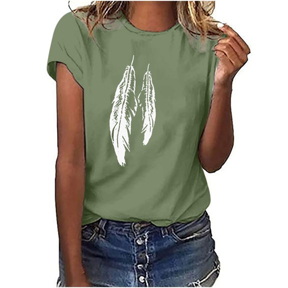 Ayolanni Casual Summer Shirts for Women Short Sleeve Scoop Neck Tunic Feather Print Blouse Daily Oversized Shirts Womens Spring Tops Green L