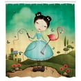 thumbnail image 3 of Mural Shower Curtain, Fictional Scene of Little Girl with Blue Polka Dotted Dress Holding a Flamingo Toy, Fabric Bathroom Set with Hooks, 69W X 75L Inches Long, Multicolor, by Ambesonne, 3 of 3