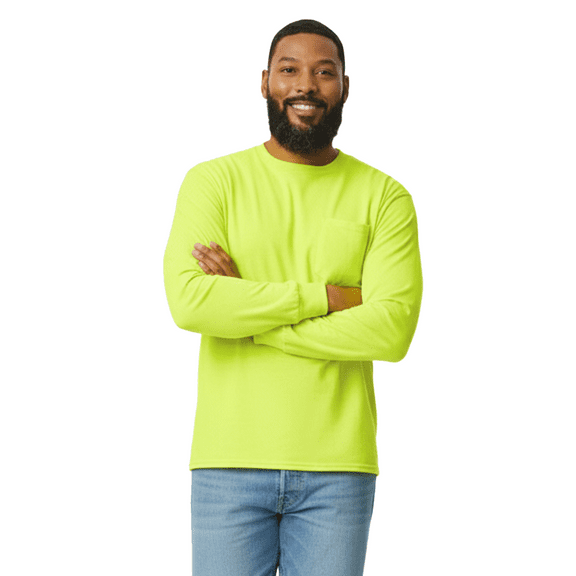 Gildan Hi-Viz Long Sleeve Pocket T-Shirt for Men, Ultra Cotton Crewneck Safety Green Workwear, S