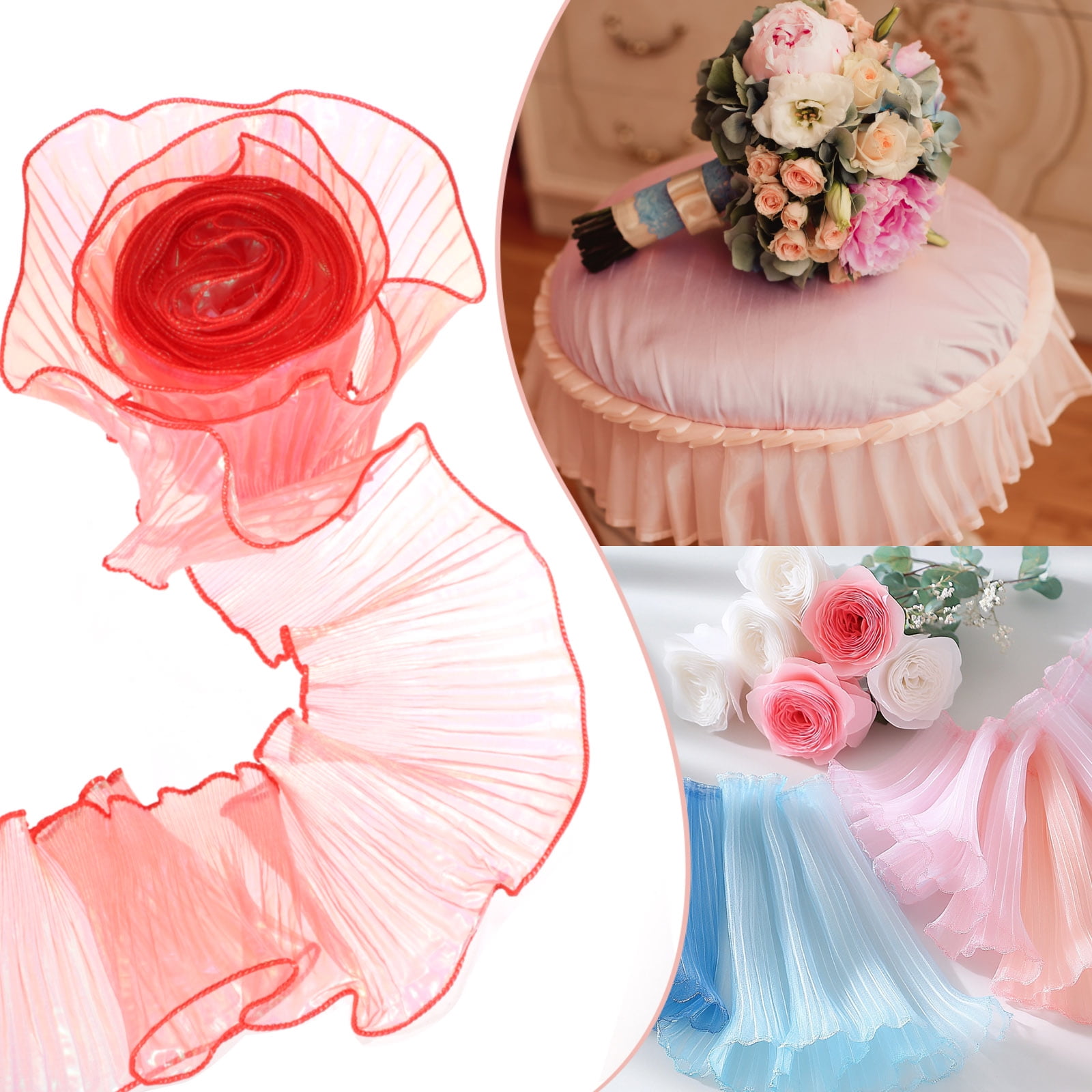 5.5" x 11 Yards Ruffle Pleated Organza Trim Iridescent Pleated Lace Trim Ribbon for DIY Craft Dress Clothing Wedding Gift Home Decoration, Red