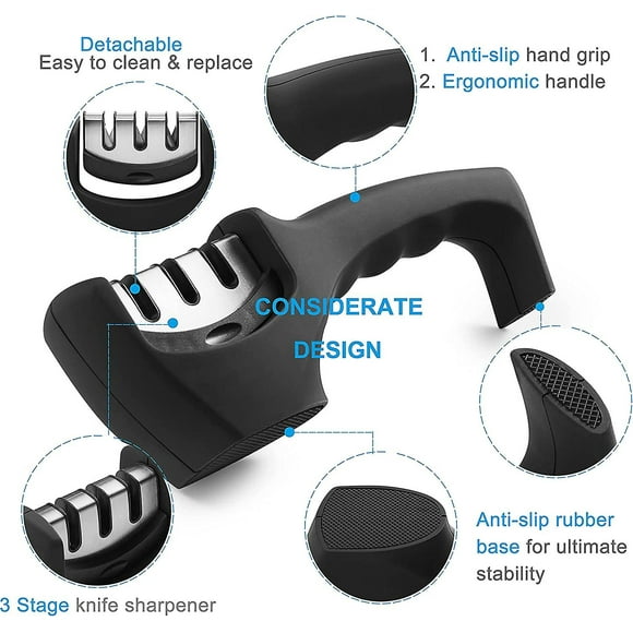 Kitchen Knife Sharpener - Professional 3 Stage Manual Sharpeners - Ergonomic Handle And Non-slip Base - Safe Sharpening Tool - Easily Honing Knives In