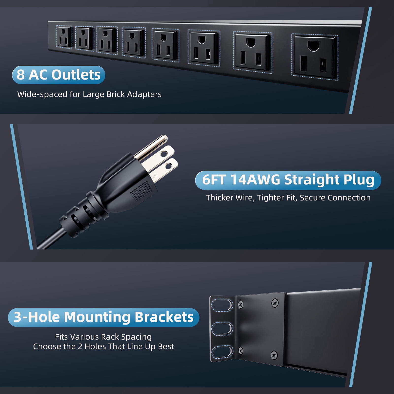 ZHANGONG 1U Rack Mount PDU, 8-Outlet Power Strip with Surge Protector, 2000J, 15A Overload Protection, 6FT 14AWG Cord for Server Rack Network Studio