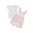 thumbnail image 2 of Aojekbee 2PCS Baby Girls Summer Outfits Fly Sleeve Ribbed Tops + Daisy Suspender Shorts Set Toddler Clothes, 2 of 10
