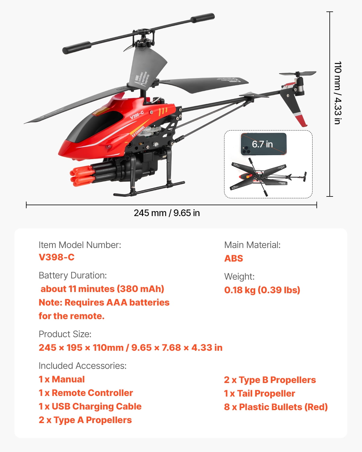 VEVOR RC Helicopter, 2.4GHz Flying Remote Control Helicopter with Shooting Mode, 3.5 Channel RC Airplane for Kid, Altitude Hold, One-Key Takeoff/Landing & LED Lights, Toys for Kids Ages 14 and up