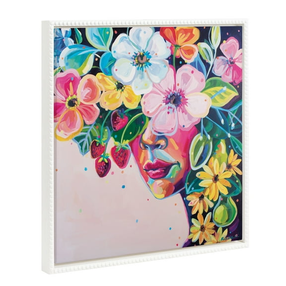 Kate and Laurel Sylvie Beaded She Was Thoughtful and Kind Vintage Framed Canvas Wall Art by Rachel Christopoulos, 22x22 White, Colorful Flower Crown Art for Wall
