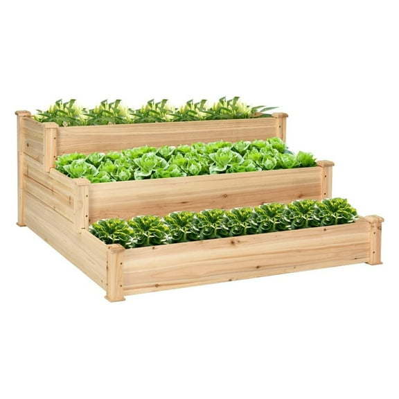 3-Tier Raised Garden Bed, Wood Elevated Planter Box with 3 Dividable Bed Kit, Outdoor Above Ground Garden Beds for Plants Vegetables, Stackable & Flat Arrangement, 49"L x 49"W x 22"H Natural