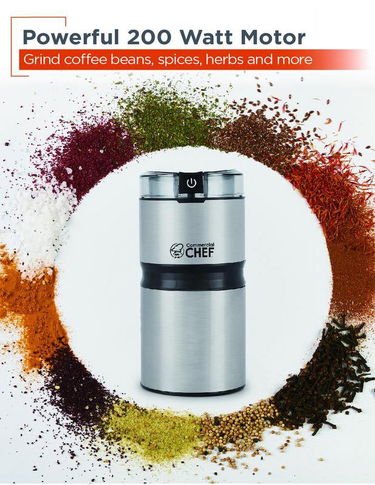 Commercial Chef Electric Coffee Grinder, Brushed Stainless Steel Texture and Transparent Lid