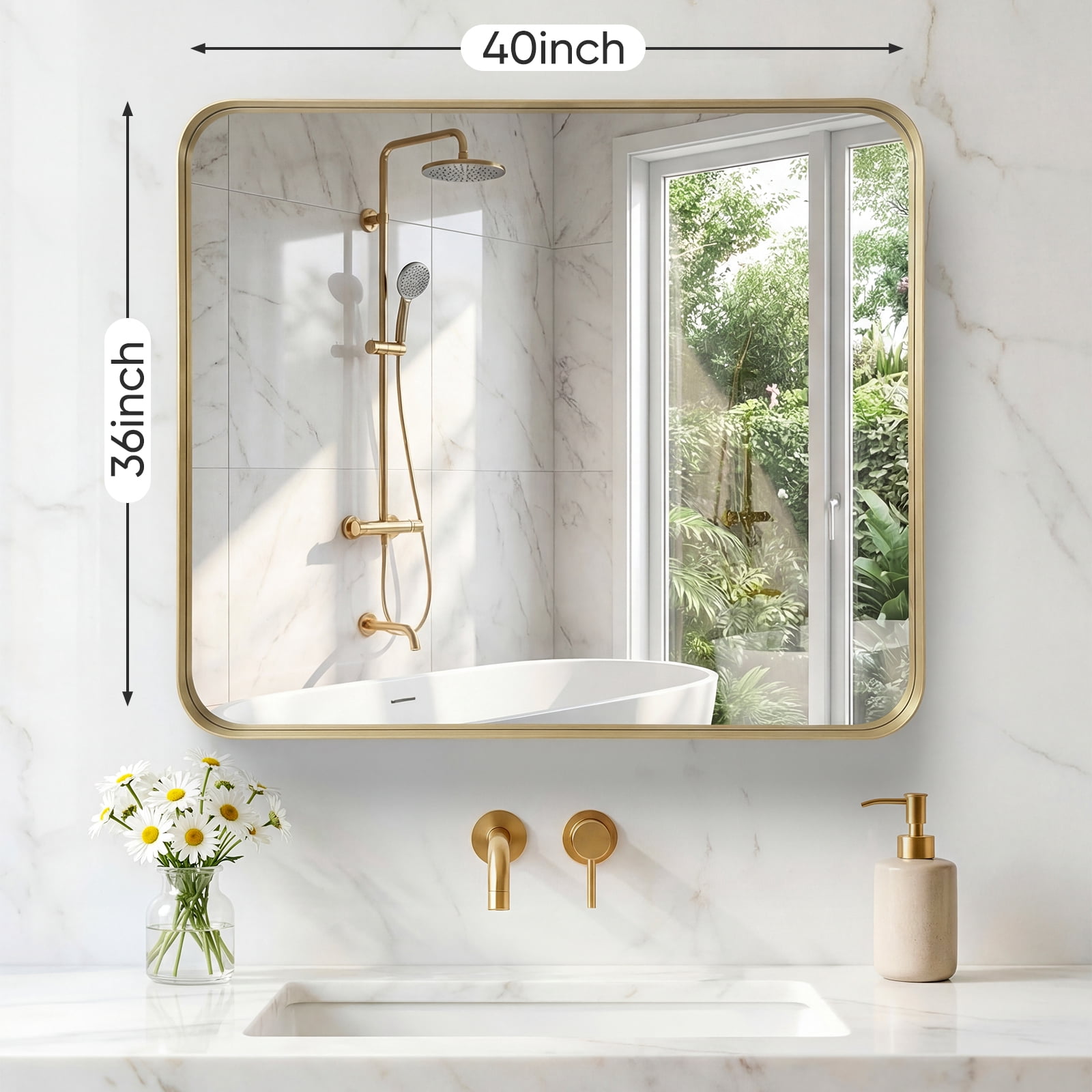 Gianna Anti-Fog Bathroom Wall Mirror – 36" x 40" Shatterproof Vanity Mirror with Rectangular Metal Frame, Gold