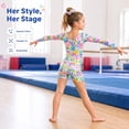 thumbnail image 3 of Girls Gymnastics Leotards Smile Face Graffiti Long Sleeve 3-Piece Set with Shorts & Hair Scrunchie, 3 of 9