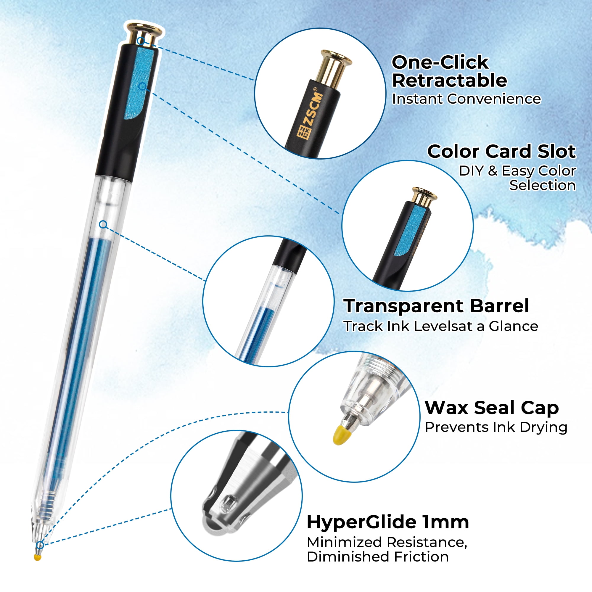Retractable Glitter Gel Pens, 12 Colors Large Capacity Blue Glitter Metallic Gel Ink Pen, 1 mm Fine Point Smooth Writing Color Pens for Adult Coloring Book Note Taking Aesthetic Art Supplies