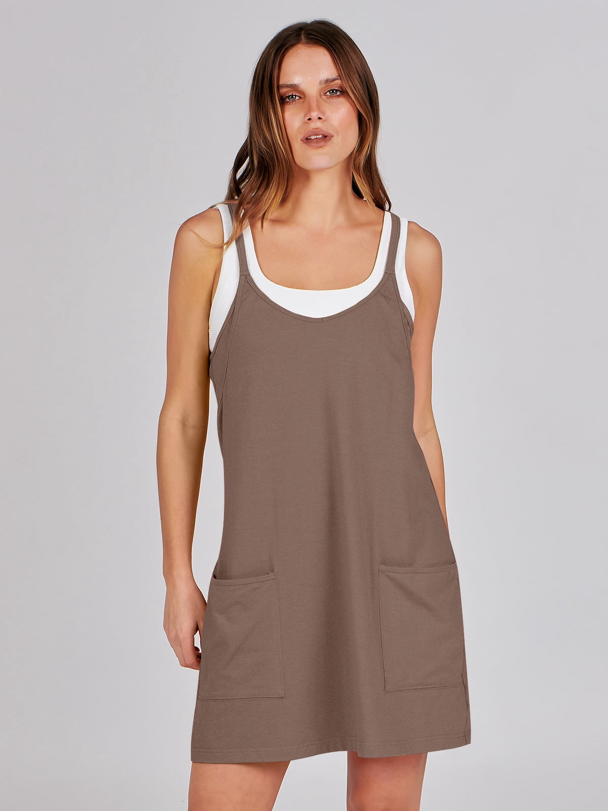 ANRABESS Athletic Dress for Women Tennis Dress with Shorts Summer Active Workout Romper Dress Sleeveless Spaghetti Strap Mini Dress Casual Sundress Vacation Outfits Coffee XXL