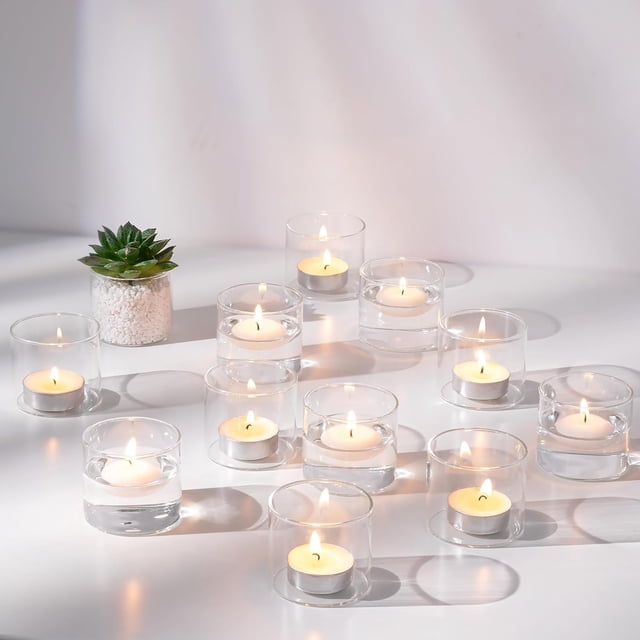 Portavelas de Luz de Té Transparentes: Set de 24 Portavelas de Vidrio al por Mayor - Pequeños Portavelas Flotantes para Centros de Mesa y Decoración (5.7x5cm)
