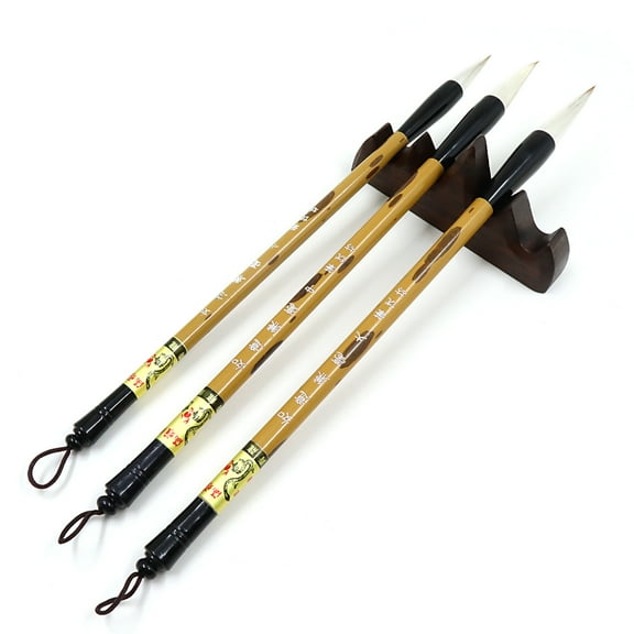 3 Sizes Chinese Writing Brush with Wood Rack Pen Rest, Calligraphy Brush Set, Sumi Painting Drawing Brushes, Kanji Art brushes for Professional Beginners (Large, Medium, Small Size)