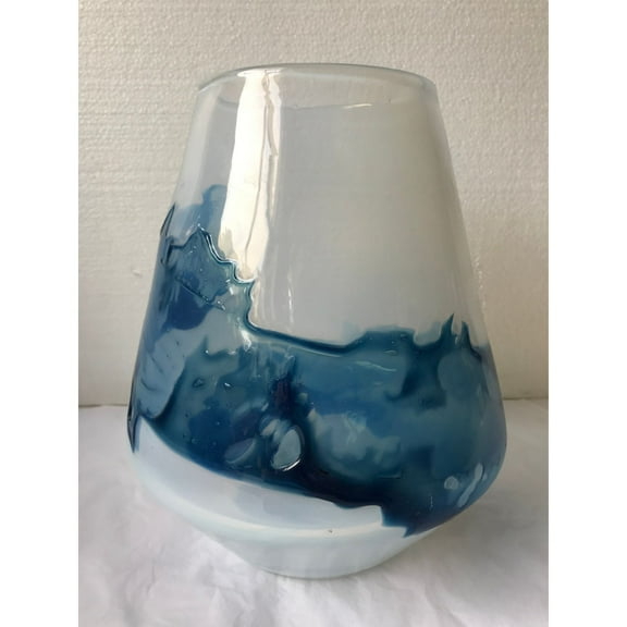 CC Home Furnishings 10" White and Blue Hand Blown Glass Vase