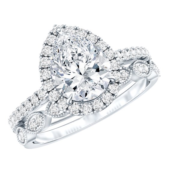 Rosec Jewels Certified Moissanite Marriage Ring Set - D-Vs1 Quality - Teardrop Engagement Ring with Wedding Band, 925 Sterling Silver, US 4.00