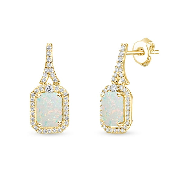 Emerald Cut Lab Created Opal And Simulated White Sapphire Cushion Frame Drop Earrings In 14k Yellow Gold Over Sterling Silver