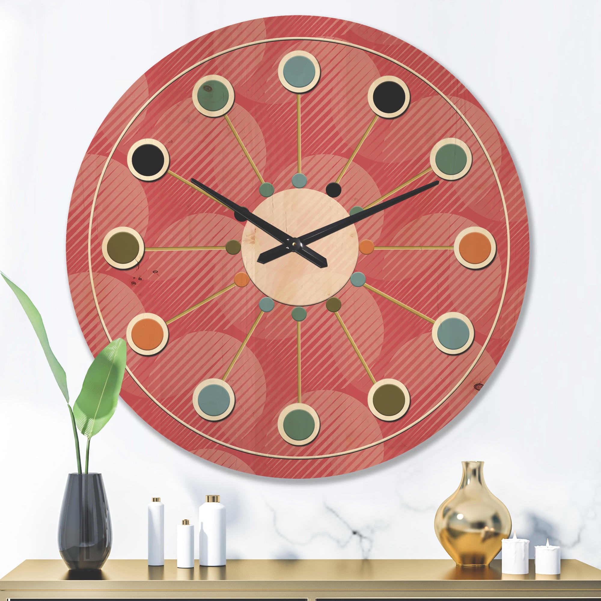 Designart 'Red Round Geometrical ' Mid-Century Modern Wood Wall Clock
