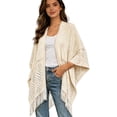thumbnail image 3 of Fewfanhot Women Lace Open Front Hollow Knit Fringe Poncho Shawl, Three Quarter Sleeve Lightweight Layering Wrap Cover Up, 3 of 7