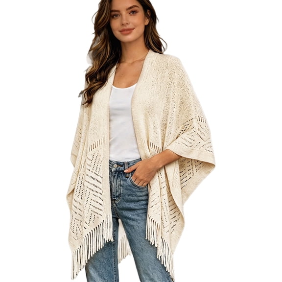 ZGRBOU Knit Shawl Wrap for Women Elegant Fringe Knitted Poncho Hollow Out Long Cardigan Cape Beach Vacasion Outfits