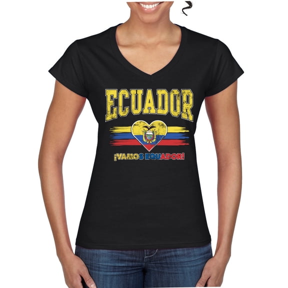 Wild Bobby Ecuador Flag Heart Vamos Ecuador Graphic | Women's Novelty T-Shirt | Soccer Football Fan Game Day Gift for Her Women Standard V-Neck Tee