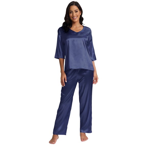 Women's Summer Satin Pajama Set Short Sleeve V Neck T-shirt with Long Pants 2 Piece Sleepwear Loungewear Pjs Set Soft PJs, S-2XL