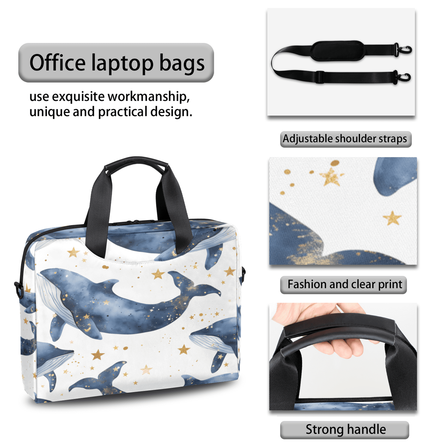 Herdesigns Whale Laptop Bag for Women Men, Computer Case Briefcase Messenger Bags, 15-15.6 inch Laptop Sleeve Shoulder Bag