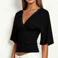 thumbnail image 7 of vigerkar Women Y2K Striped V Neck Cinched Waist Tops Batwing Sleeve Backless Shirt | Short Sleeve Ruched Crop Tops, Open Back Fitted Tee Shirt, Summer Going Out (Black, L), 7 of 7