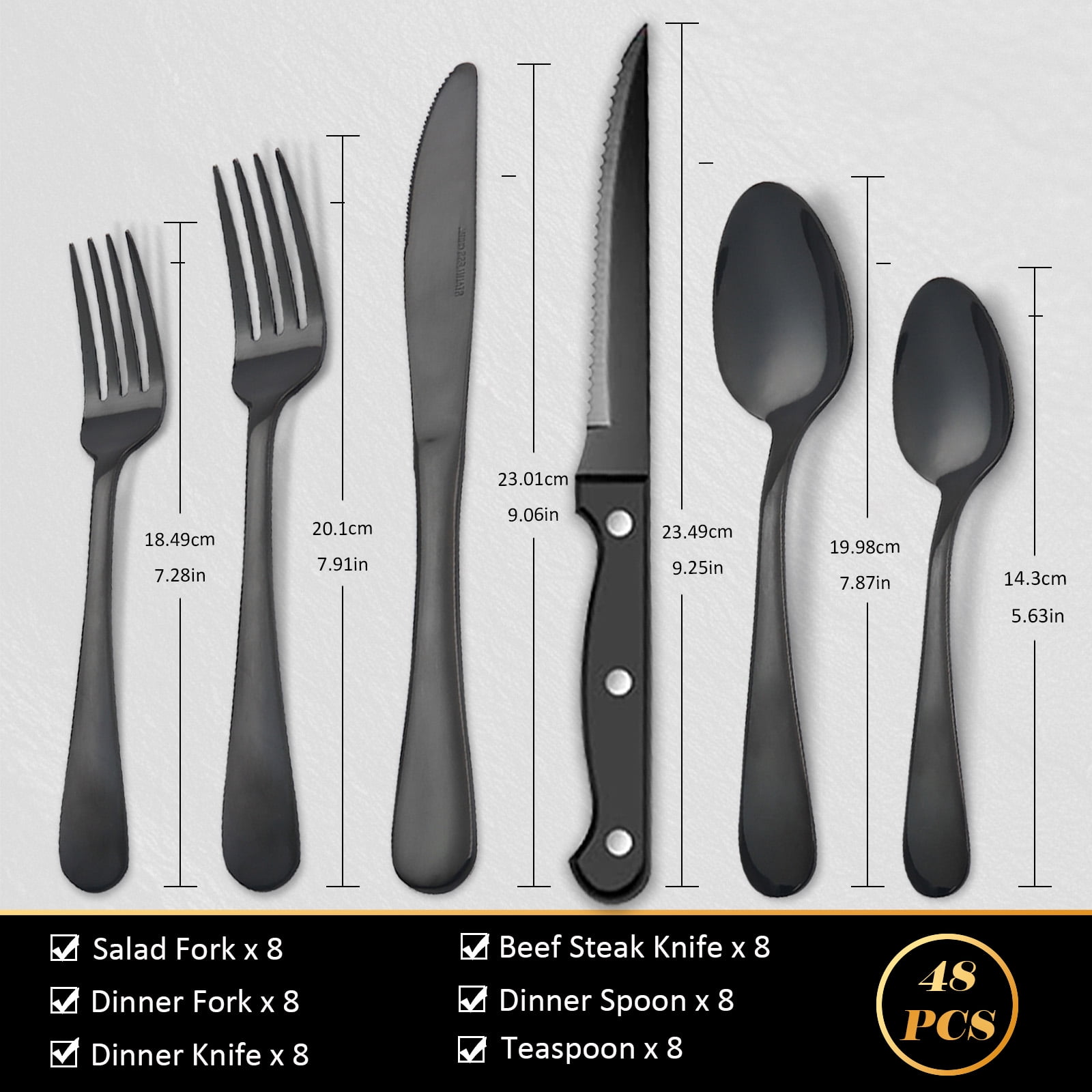 Koomade 48 Pieces Flatware Set For 8, with Steak Knives, Stainless Steel Cutlery Set, Tableware Utensils for Home Kitchen Restaurant Hotel, Dishwasher Safe, Black