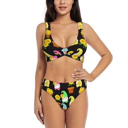 Zeuib Gnomes With Sunflowers High Waisted Tummy Control Bikini Set - Knot Front Push Up Top & Cheeky Thong Bottom  Two-Piece Swimsuit for Women-X-Large
