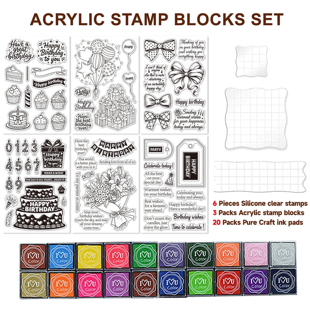 DIY Scrapbooking Stamp Kits including Acrylic Stamping Blocks Tools PVC Plastic Clear Stamp Plastic Craft Finger Ink Pad Stamps Set Mixed Shapes