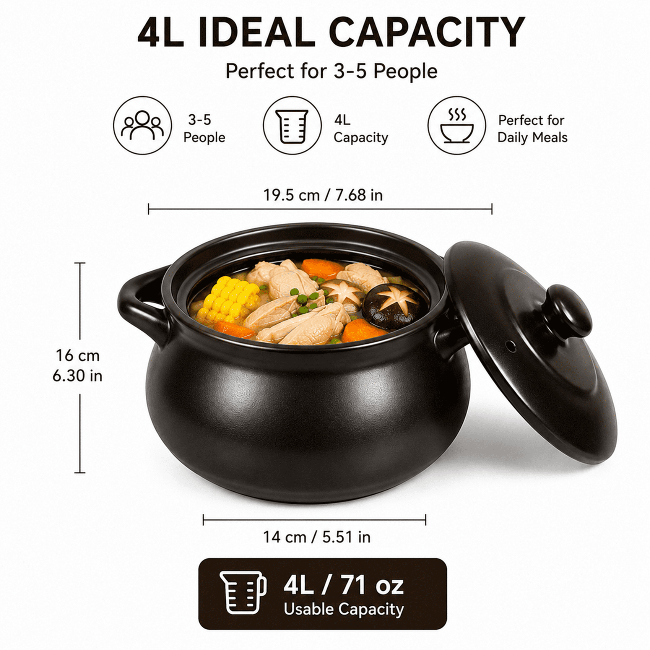 4 Quart Cauldron Slow Cooker with No Removable Crock Hard Porcelain Enamel Nonstick Covered Ceramic Casserole Pot, Nutrient-Rich Soup & Porridge Pot for Gas Stoves