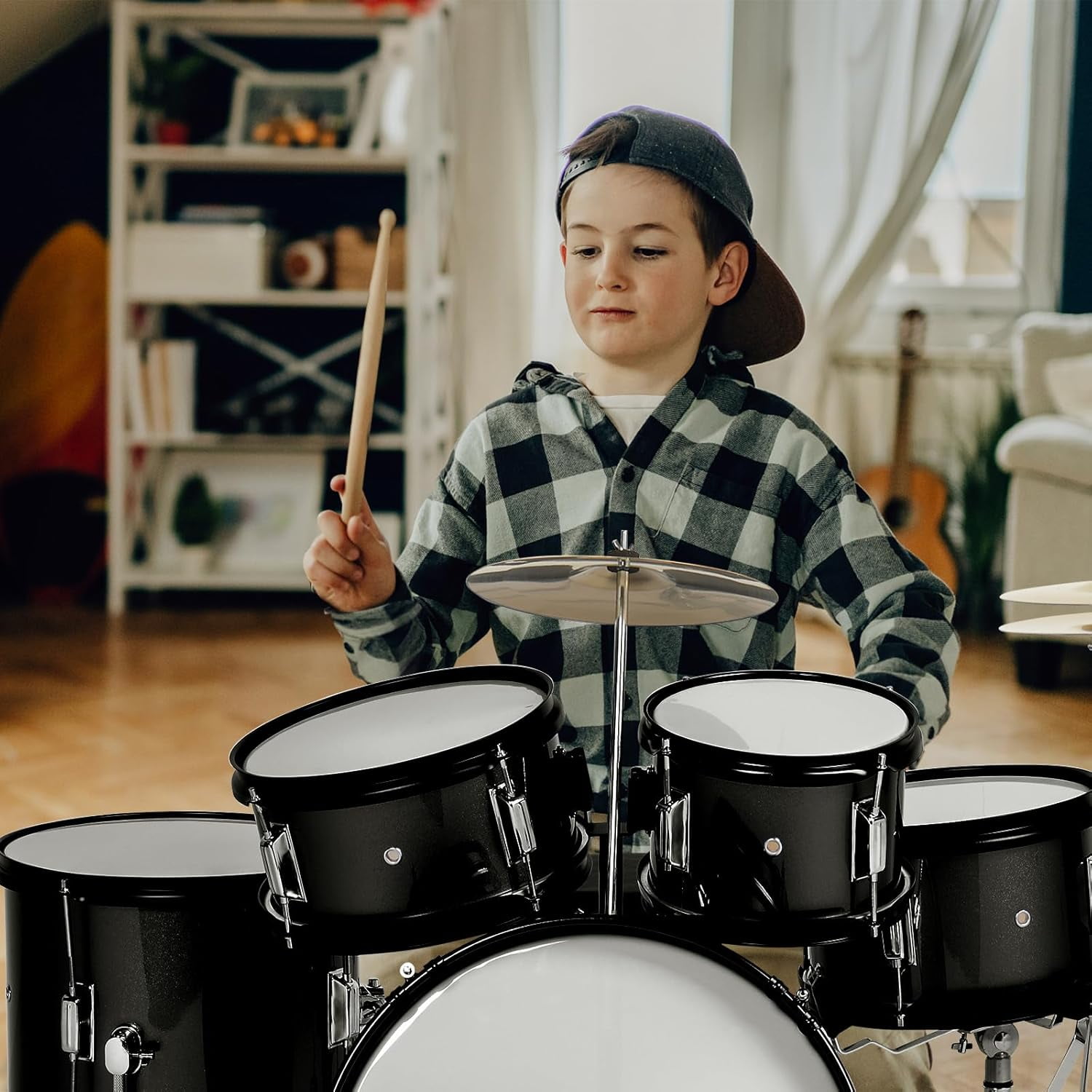 HarmonyStrings 5-Piece Complete Junior Drums Set, 14 Inch Beginners Drum Kit with Throne Stool, Pedal & Drumsticks, Drums Musical Instruments W/Cymbal, Hi-Hat, Floor, Tom and Snare Drum 16"x11" Black