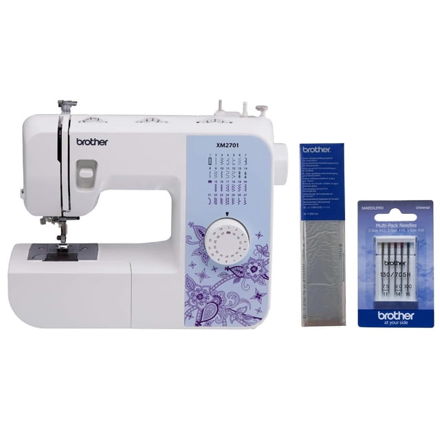 máquina de coser brother xm2701 de 27 puntadas con estabilizador y agujas Vista frontal 3/4 de la Brother XM2701 blanca con panel lateral lila que muestra las 27 puntadas y el dial de selección; incluye enhebrador automático, canilla superior de inserción rápida y brazo libre; a la derecha rollo de estabilizador soluble en agua y paquete de agujas Brother; adecuada también para proyectos de costura y reparación de ropa.