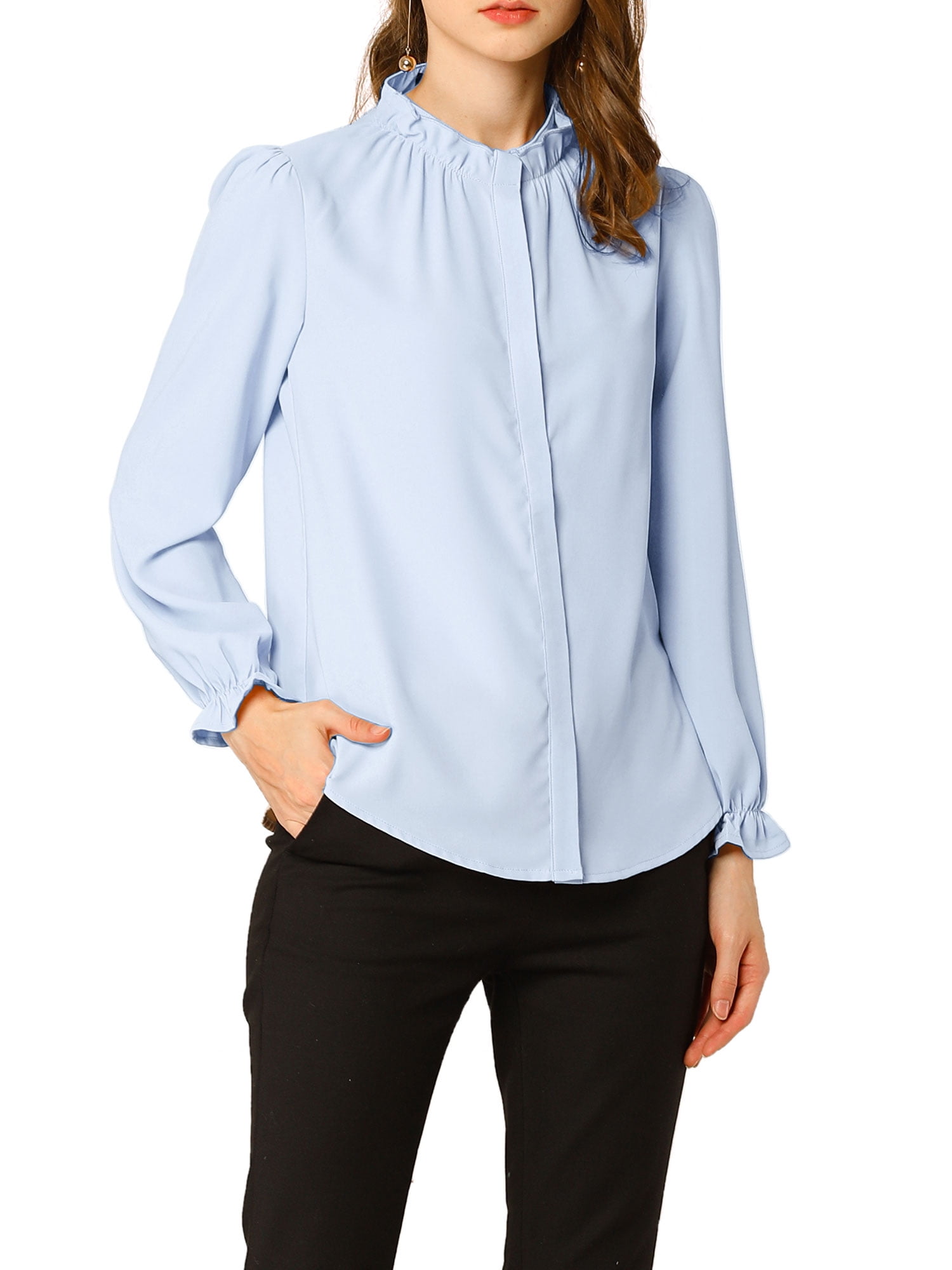 DARING DIVA Women's Chiffon Stand Collar Ruffled Trim Work Blouse XS Light Blue