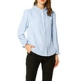 thumbnail image 6 of INSPIRE CHIC Style Women's Ruffled Trim Button Down Stand Collar Long Sleeve Blouse Top M Light Blue, 6 of 9