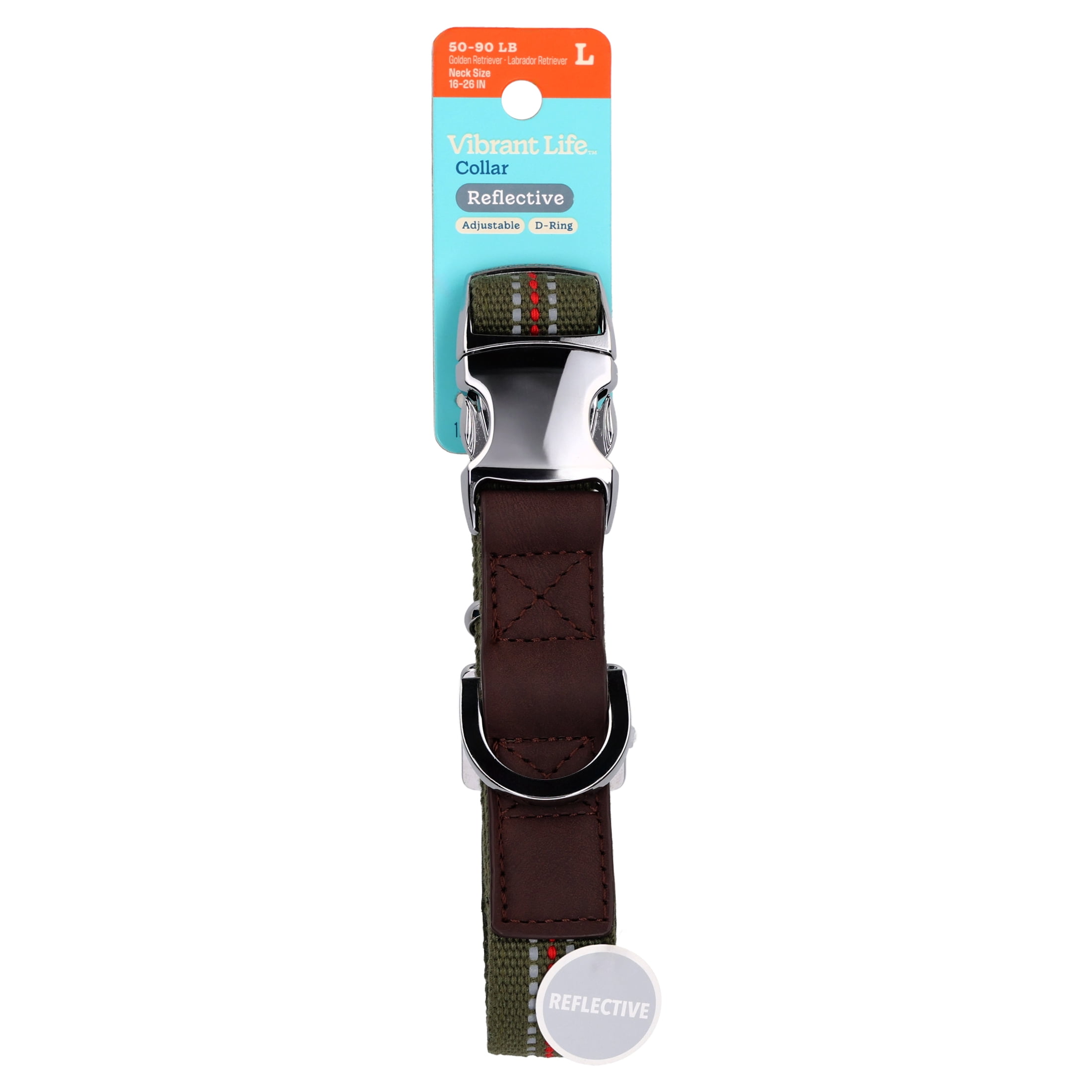 Vibrant Life Reflective Adjustable Dog Collar, Olive Green, Large