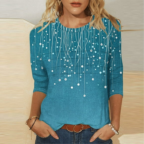 ZMFXJPE Woman Shirts Clearance Sale Womens Summer Tops 3/4 Sleeves Plus Size Tops for Women Dressy Women Tops Trendy Woman Plus Size Tops, Blue, XXL