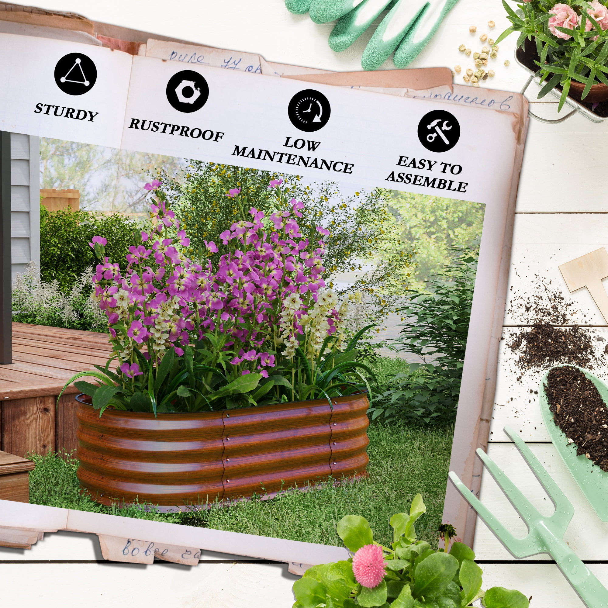 Outsunny Galvanized Raised Garden Bed Kit, Metal Planter Box with Safety Edging, 41.25" x 24.5" x 11.75", Brown