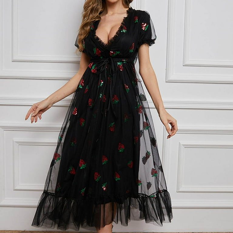 CLEARANCE Black Flowy Dress V Neck Dresses for Women Strawberry Dress Lace Dresses 2023 Casual Mesh Dress Short Sleeve Dress Puff Sleeve Print Long Loose Dress Women Fashion Women Puff Ladies Long