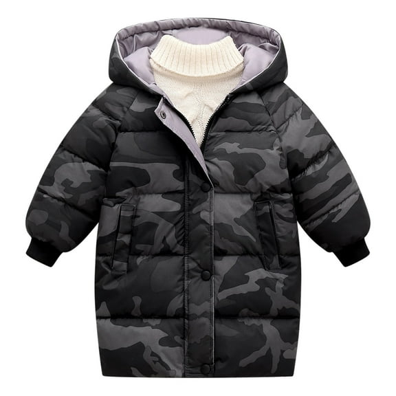 Odeerbi Toddler Boys Girls Winter Coat Thermal Puffer Jacket Camouflage Padded Coats 1-8 Years Kids Zipper Thickened Cotton Jacket Long Sleeve Hooded Coat Toddler Clothes Black